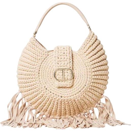 Twinset borsa hobo grande tonda in crochet con frange