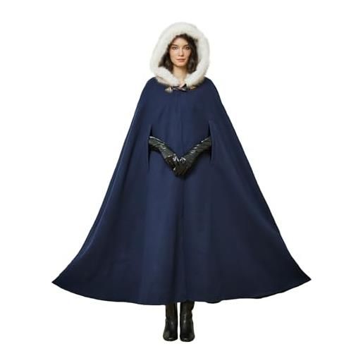 BEAUTELICATE donna mantello con cappuccio in pelliccia sintetica retrò misto lana mantello poncho lungo per medievale rinascimentale cosplay mantello cappotto per matrimonio sposa invernale