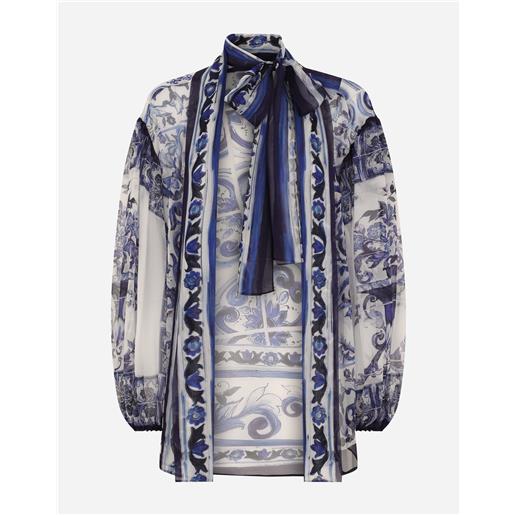 Dolce & Gabbana chiffon pussy-bow shirt with majolica print