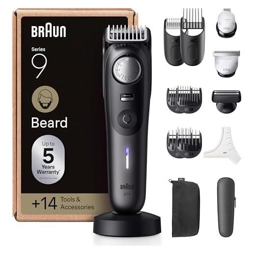 Braun regolabarba uomo serie 9, +14 strumenti da barbiere, rasoio elettrico barba, lama pro. Blade affilata a vita, 180 min, selettore di precisione con 52 lunghezze, impermeabile, bt9565, titanio