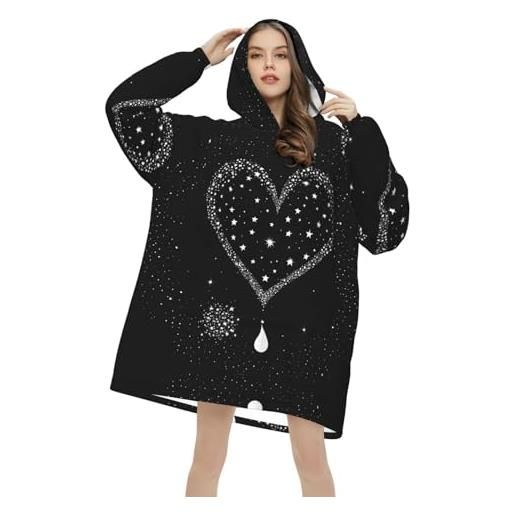 EZDLOWVBA felpa con cappuccio in flanella leggera e morbida con stampa di stelle cadenti e cuore, per donne, uomini, adulti, adolescenti, felpa con cappuccio oversize in pile, taglia unica, nero , 280g flannel