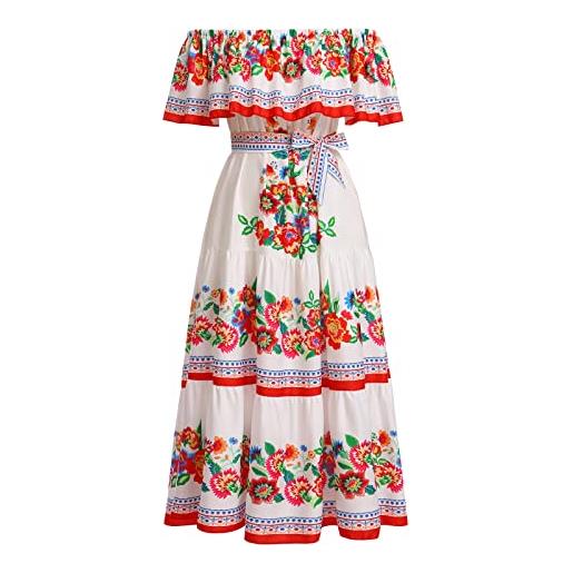 EFOGEP abito da donna messicano estivo, stile boho, con fiori, drappeggiato, scollato, tradizionale, per festa, abiti bohémien, lunghi, abiti da matrimonio, da spiaggia, da party, con cintura, gold, m