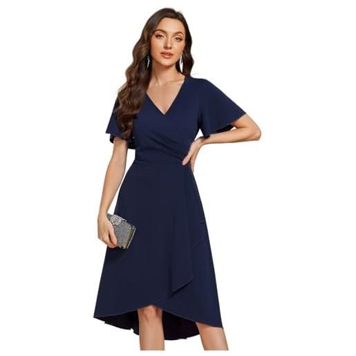 Ever-Pretty vestito donna elegante high low con maniche corta e scollo a v pieghe vita alta abito cerimonia donna eleganti elasticità blu navy 36