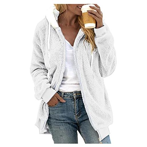 DUHGBNE pellicciotto bianco camicetta da donna in tinta unita con cappuccio pullover con cappuccio in peluche caldo con cerniera pile bianco zip