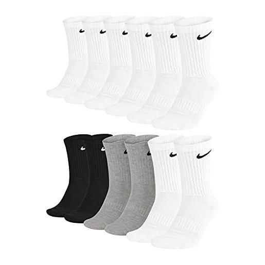 Nike calzini da allenamento unisex everyday cushioned crew socks sx7664, 6 paia, taglia: 34-38, articolo: 100 bianco + 901 grigio/bianco/nero, bianco, 34-38