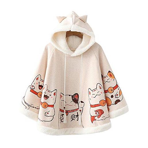 Ym youmu, mantello invernale in pile con cappuccio e poncho giapponese kawaii gatto portafortuna. Taglia unica