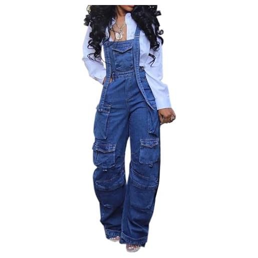cffvdiz denim salopette multi-tasca donna cargo jean tuta con cinghie regolabili, blu, m