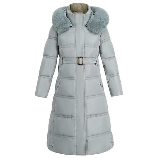 Vagbalena parka lungo da donna con piumino lungo invernale caldo con cappuccio in peluche staccabile parka invernale lungo foderato caldo sottile con cintura spessa giacca sandwich (blu, m)