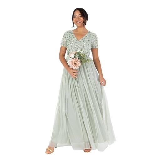Maya Deluxe women's ladies maxi dress sequin embellished floral v-neck short sleeve tulle skirt a-line for wedding guest ball gown vestito, green lily, 42 donna