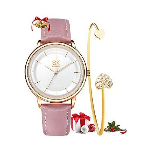 SHENGKE set da regalo per donna, cinturino in pelle al quarzo, semplice orologio da donna, vestito da ragazza, orologio da polso con bracciale regalo