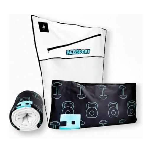 Rebsport asciugamano palestra uomo con tasca porta oggetti e magnete, asciugamano donna fitness per panca palestra + asciugamano doccia in omaggio utilizzabile come telo doccia o telo mare
