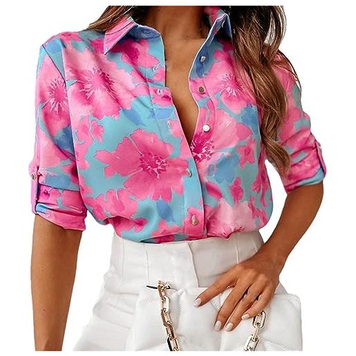 Generic moda fiore di ciliegio stampa polvere camicia donna fiore coreano camicetta elegante primavera polo manica lunga monopetto u, fiori rossi, xxl