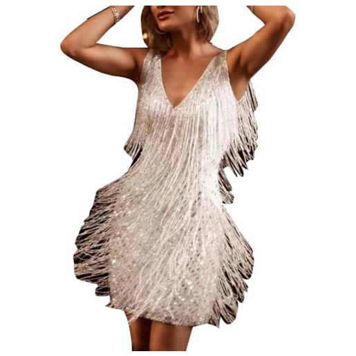 Chukamalilayi abito corto corto da donna, senza maniche, con paillettes, nappa, frange, scollo a v, da sera, per carnevale, discoteca, feste, balli latini, bianco, s