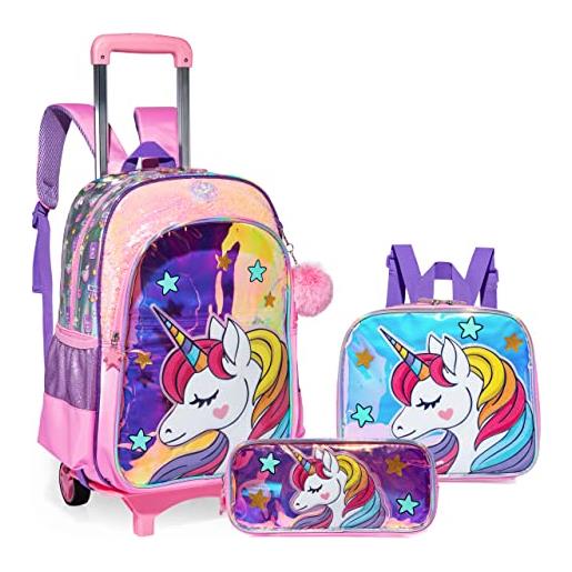 HTgroce zaino trolley scuola unicorno per ragazze, con sacca sportiva, astuccio, borsa pranzo