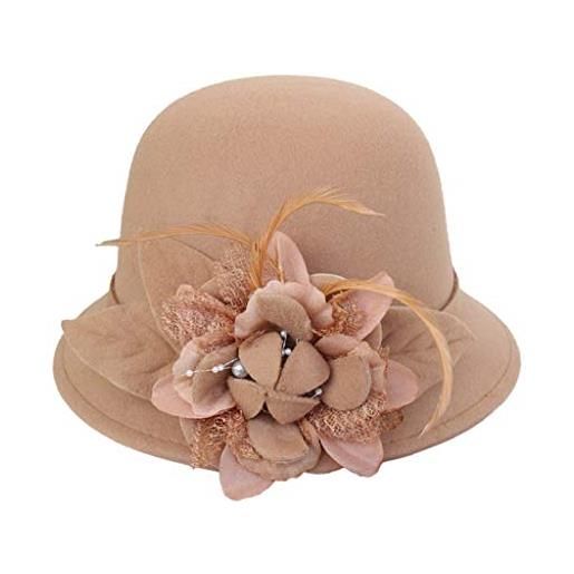 ZHUYOU cappelli da chiesa vintage anni '20 per donne fascinator floreale tea party cloche cappello a secchiello cappello floppy in feltro di lana cappello a bombetta, kaki, taglia unica