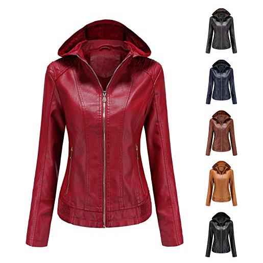 LJHH giacca invernale in pelle con cappello giacchetto in ecopelle donna giubbotto manica lunga capispalla con cerniera giubbino similpelle cappotto moto giacche vintage cappotti cappottino donna corto