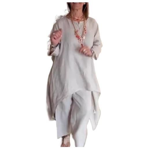 LLECDASEUI donna 2 pezzi in cotone lino manica lunga girocollo abito maxi irregolare solido pantaloni a gamba larga da indossare tutti i giorni set estivo (xxl, grigio chiaro)