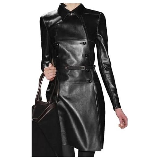 Generic nero cuoio dell'unità di elaborazione di media lunghezza trench coat per le donne manica lunga cintura doppiopetto cappotto, nero , l