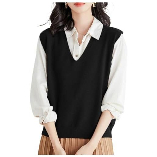 AMOUSDRDR gilet da donna ultra morbido con scollo a v, tinta unita, casual, senza maniche, maglione misto lana, canottiera da donna (nero, s (45-50 kg))