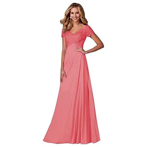 Sincemeet abito da sera in pizzo da donna abito elegante dalla linea ad a, manica corta abito da festa formale in chiffon con scollo a v