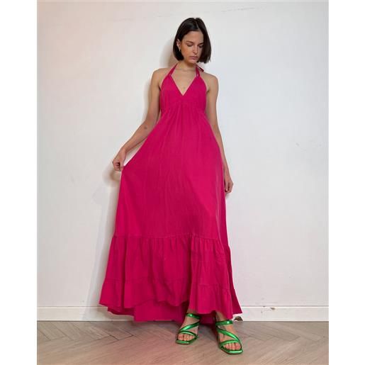 KOSTUMN°1 abito lungo asimmetrico con orlo a balza fucsia