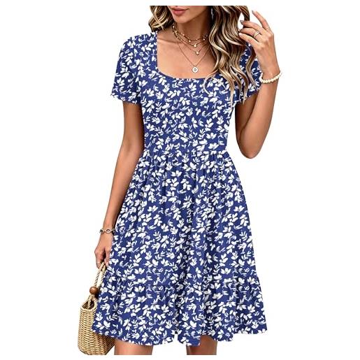WNEEDU abito estivo donna casual vestito a manica corta vestitino collo quadrato elegante abiti corto con tasche