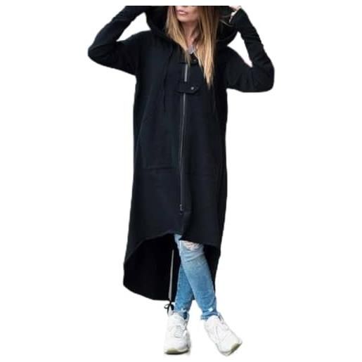 XULIANYI nuovo velluto giacca con cappuccio cerniera cappotto lungo da donna nero grigio scuro trench cappotto-nero, l