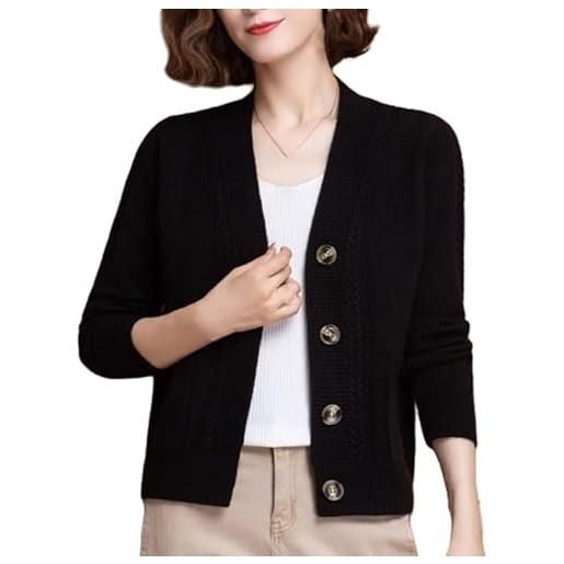 BVRCTYP cardigan da donna con scollo a v in puro cashmere aperto sul davanti, manica lunga, bottoni in cristallo, cardigan in maglia a coste, elegante capospalla casual in cashmere per primavera autun