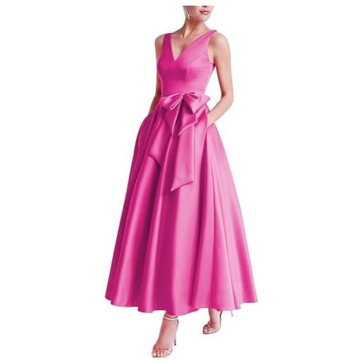 Generico madre della sposa tè lunghezza abito scollo a v abiti da ballo fiocco di raso abiti da sera formali da sera da donna con tasche hot pink xs