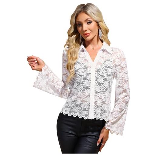 Allegra K donna camicia in pizzo manica lunga bluse trasparente elegante con button bianca m