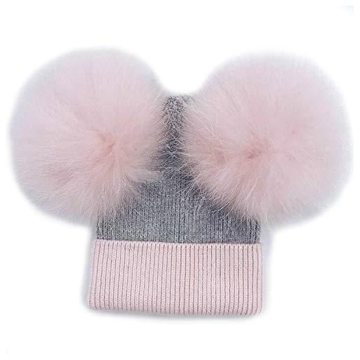 Brillabenny cappello cashmere doppio pon pon pelliccia grigio e rosa x donna ragazza e bambina cappellino cuffia hat luxury (adulto)