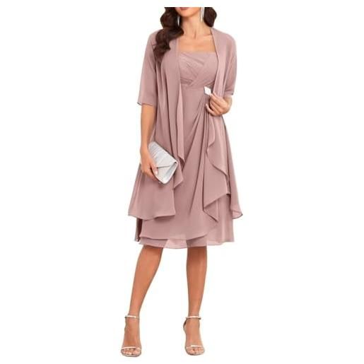YIANN madre della sposa abiti con giacca 2 pezzi mezza manica lunghezza al ginocchio chiffon madre sposo abito, rosa polvere, 44
