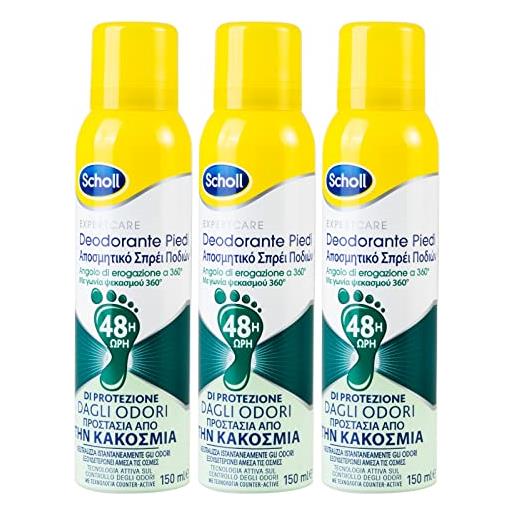 Scholl expert. Care deodorante piedi antiodore spray anti-traspirante 48h per pelle asciutta con profumo fresco e leggero contro i cattivi odori con erogatore 360° - 3 flaconi da 150ml