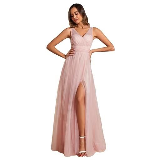 Ever-Pretty abiti da cerimonia donna lunghi eleganti tulle senza maniche abito da sera con spacco vestito da paillettes collo alto scollo a v blu polvere chiaro 44