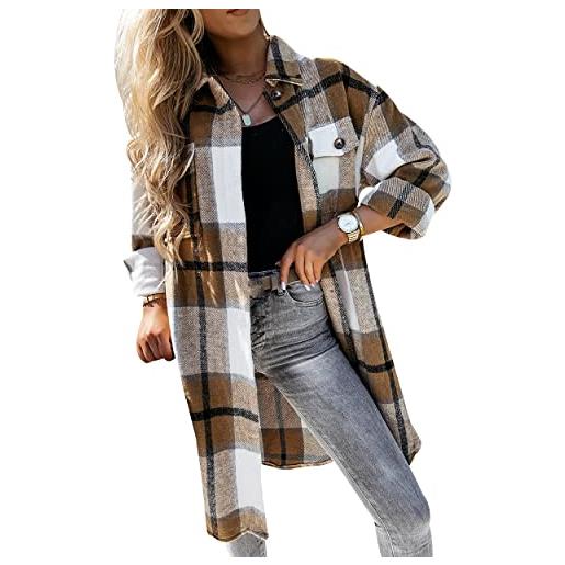 Peuignao camicia scozzese donna lunga camicia flanella quadri donna shacket camicia giacca scacchi classica oversize larga elegante camicie casual donna taglie forti camicia quadretti bottoni donna cachi m