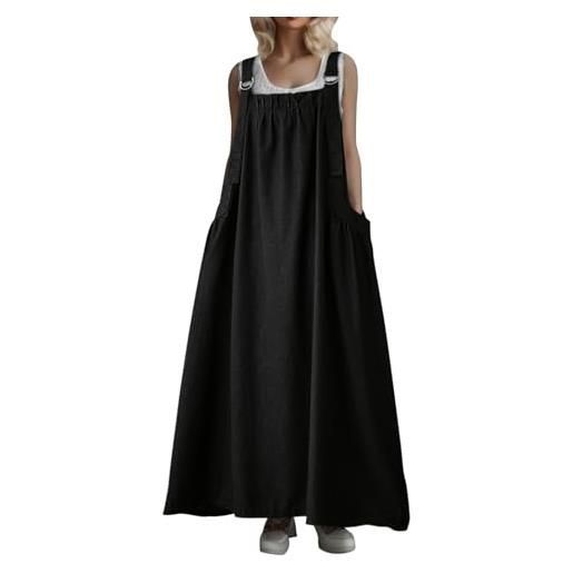 Minetom donna salopette vestiti jeans vita alta baggy denim vestito senza maniche overall con tasche lunghe gonne a marrone xxl