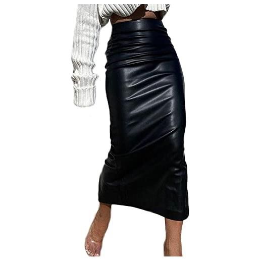 BriskyM gonna longuette in pelle pu da donna tinta unita gonne lunghe a tubino con spacco sul retro a vita alta aderente con spacco sul retro (l, nero)