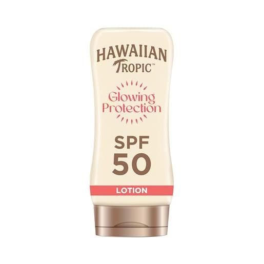 HAWAIIAN Tropic lozione solare protettiva illuminante di hawaiian tropic, crema solare spf 50 resistente all'acqua con protezione uva e uvb, lozione solare dal profumo tropicale con burro di karité, 180 ml