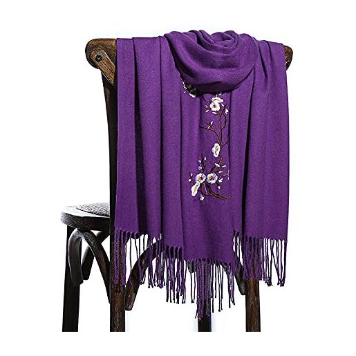 HGJH wlldddiu sciarpa, sciarpe invernali tinta unita viola scuro morbido scialle caldo coperta spessa fiore di prugna ricamato sciarpa in cashmere sciarpa lunga grande invernale alla moda stola sciarpe pe