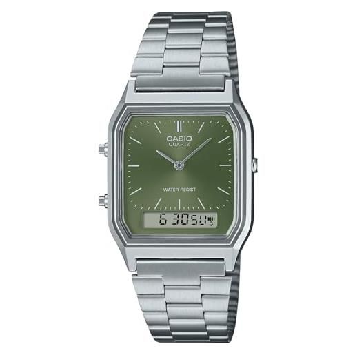 Casio collection - orologio unisex al quarzo classico cinturino in acciaio inox grigio cassa in resina quadrante analogico-digitale verde - aq-230a-3amqyes