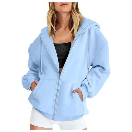 HUOQI felpa da donna con zip completa, per le mezze stagioni, con cappuccio, casual, per l'inverno, per l'autunno e l'inverno, con cappuccio, celeste. , m