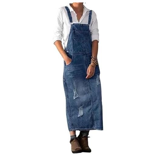 loveimgs abito da donna in denim invecchiato, con bretelle lunghe, con spalline regolabili, stile patchwork, azzurro chiaro, large
