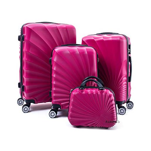 R.Leone valigia da 1 pezzo fino a set 4 trolley rigido grande, medio, bagaglio a mano adatto ryanair 55x40x20cm e beauty case 8 ruote in abs 2092 (fucsia, set 4 xs s m l)