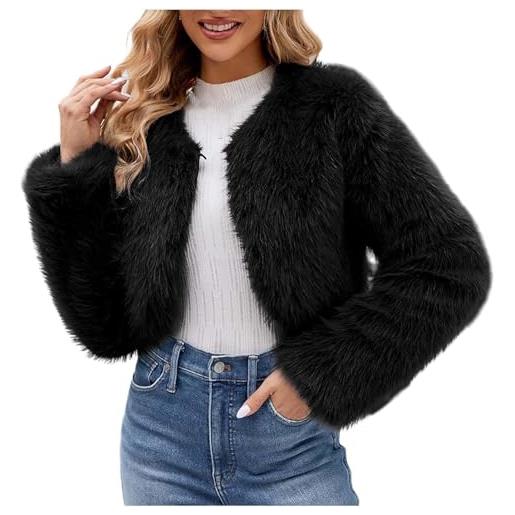 DSAoTeng bolero da donna soffice aperto sul davanti, in finta pelliccia, casual, corto, spesso, morbido, pelliccia sintetica, caldo, girocollo, per abbigliamento invernale (nero, m), nero , m