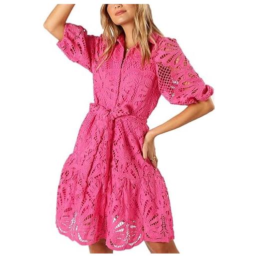 Generic abito da donna in pizzo scollato all'uncinetto con maniche a sbuffo in pizzo floreale, abito a camicia midi, abiti boho da vacanza