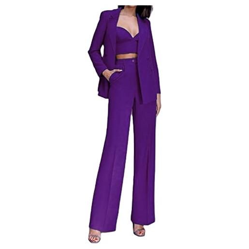 Leader of the Beauty completo da donna con blazer e pantaloni, tinta unita, 2 pezzi, vestito casual slim fit per feste di nozze, viola scuro, m