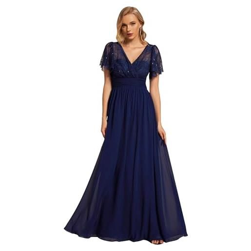Ever-Pretty abito da cerimonia eleganti donna maxi in chiffon vestito da sera top in pizzo con scollo a v e vita alta blu navy 42