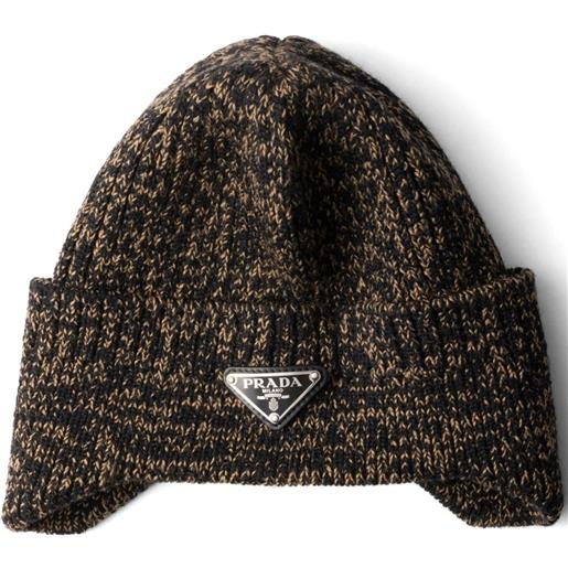 Prada berretto mélange con logo in smalto - nero