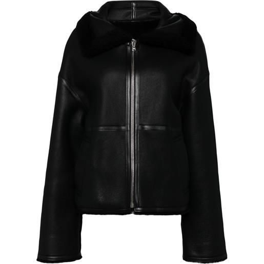 Giacca Bomber Donna In Vera Pelle Di Pecora Nera Con Shearling Marrone - Artigianale Pakistan