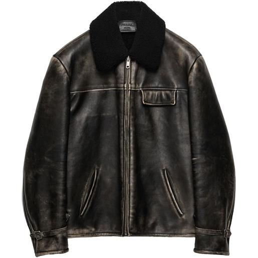Prada giacca in pelle con collo in shearling - nero